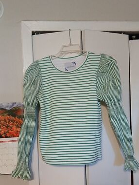 Addison Bay Green and White Striped Puff-Sleeve Top